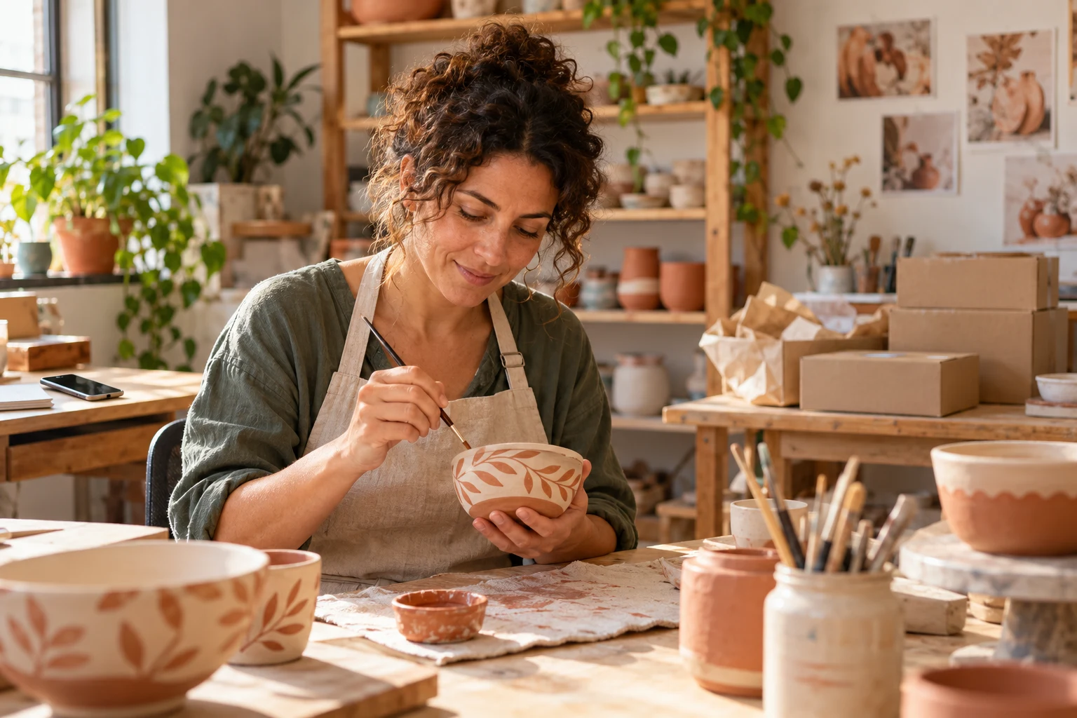 Profesional autónoma trabajando en su taller de cerámica